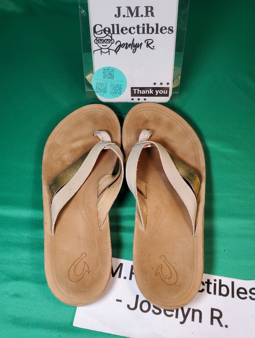 Used OluKai Kaekae Sandals Women's US 9 - Wind Grey / Golden Sand Leather Flip-F